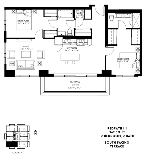 Floor plan for 2 beds, 2 baths, 969 sqft